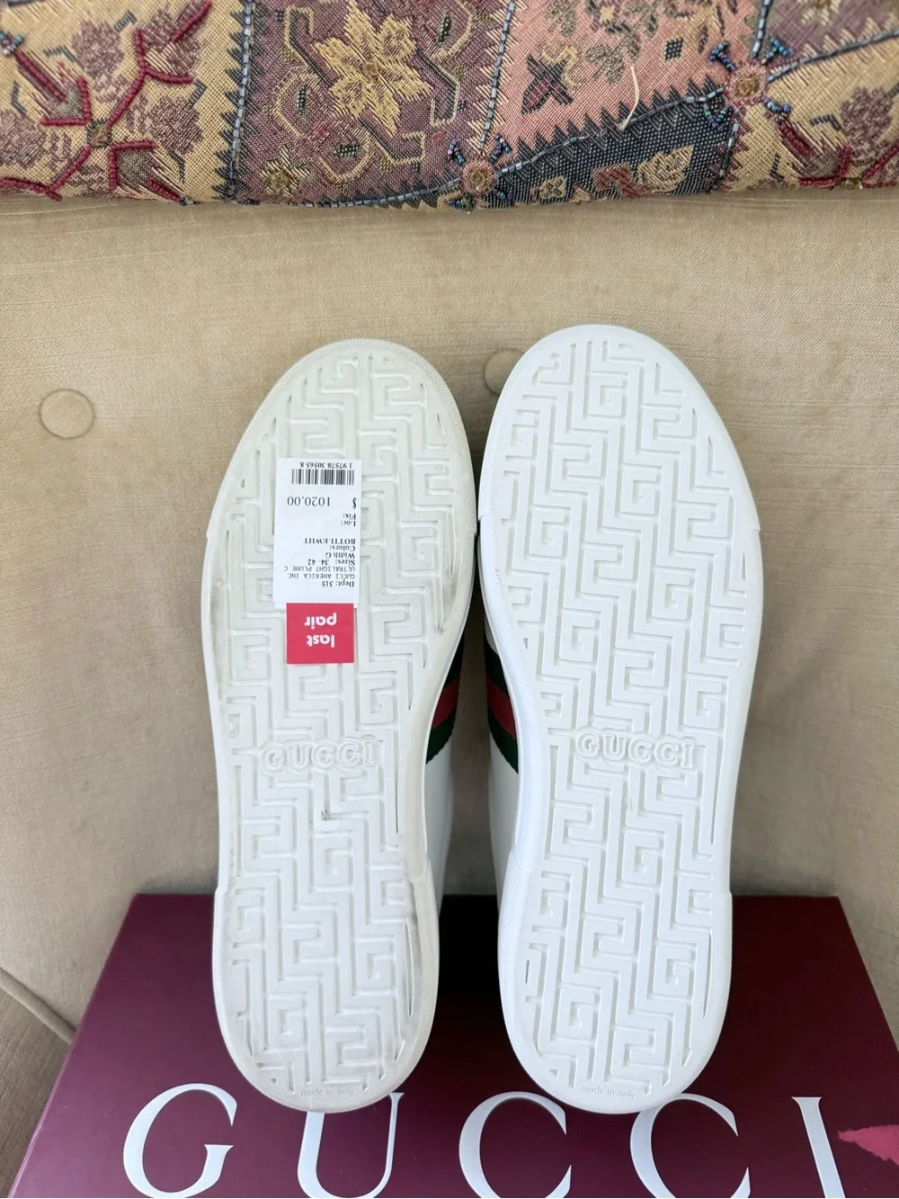 Gucci White Leather Sneakers with Red & Green Web